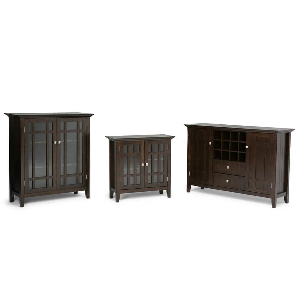 Simpli Home Bedford 39"W Solid Wood 4-Shelf Medium Storage Cabinet with Glass Doors and Adjustable Shelves