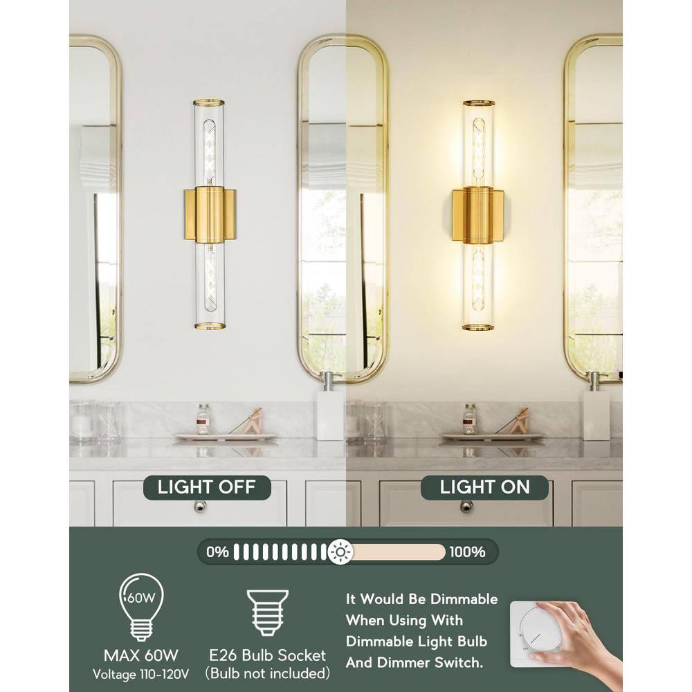 Progress Lighting Clarion 2-Light Brushed Nickel Glass Modern Bath Vanity Light, Satin Brass, Cylindrical Shade