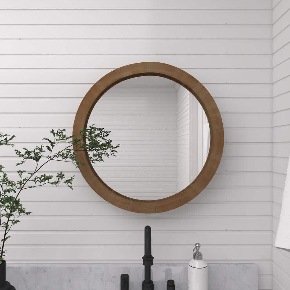 24" Round Natural Brown Wood Wall Mirror