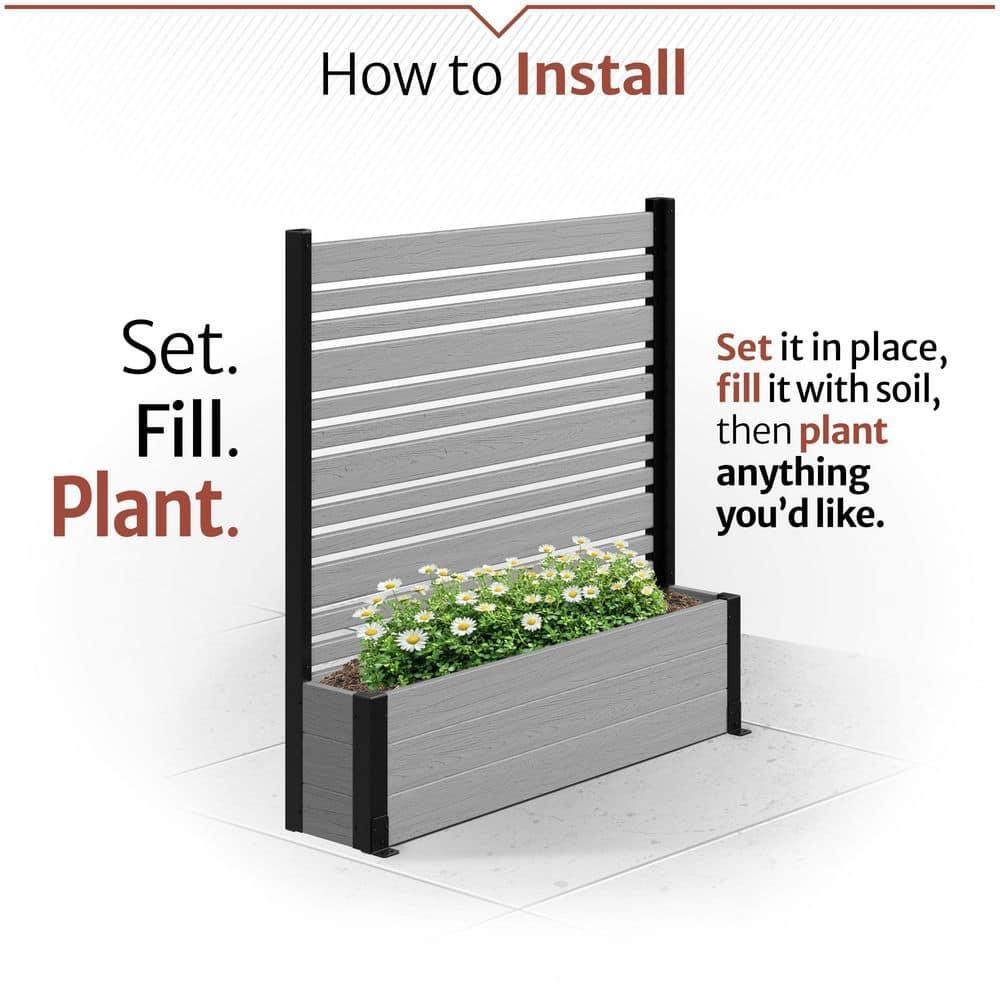 44in H x 46in W x 9.5in L (1 Screen w/ Planter) Freestanding Enclo Florence Ash Color Privacy Fence Screen with Planter Box, Outdoor Vinyl Privacy Screen Panel for Patio & Air Conditioner, EC18007