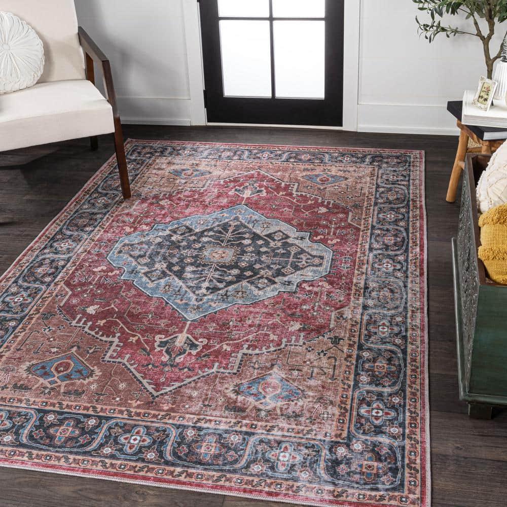Alacati Ogee Medallion Machine-Washable Red/Blue/Brown 3 ft. x 5 ft. Area Rug - JONATHAN Y
