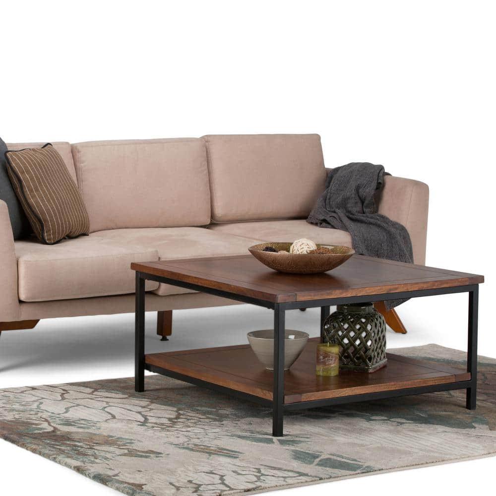 Simpli Home Skyler 34"W Solid Mango Wood Industrial Square Coffee Table with Open Shelf and Metal Frame