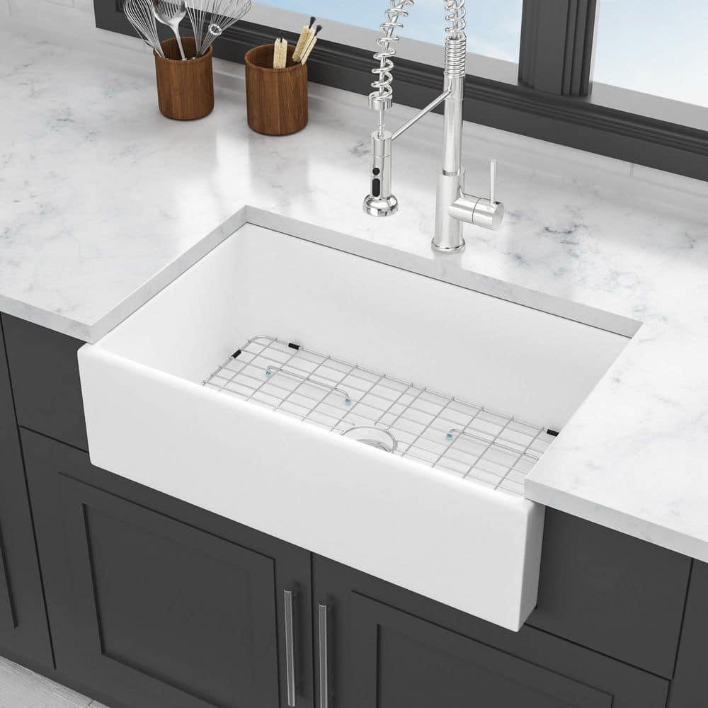 30 Inch Ceramic Kitchen Sink,Included Stainless Steel Dish Grid&Basket Strainer, Easy to Clean,Utility Sink for Workstation, Kitchen,White