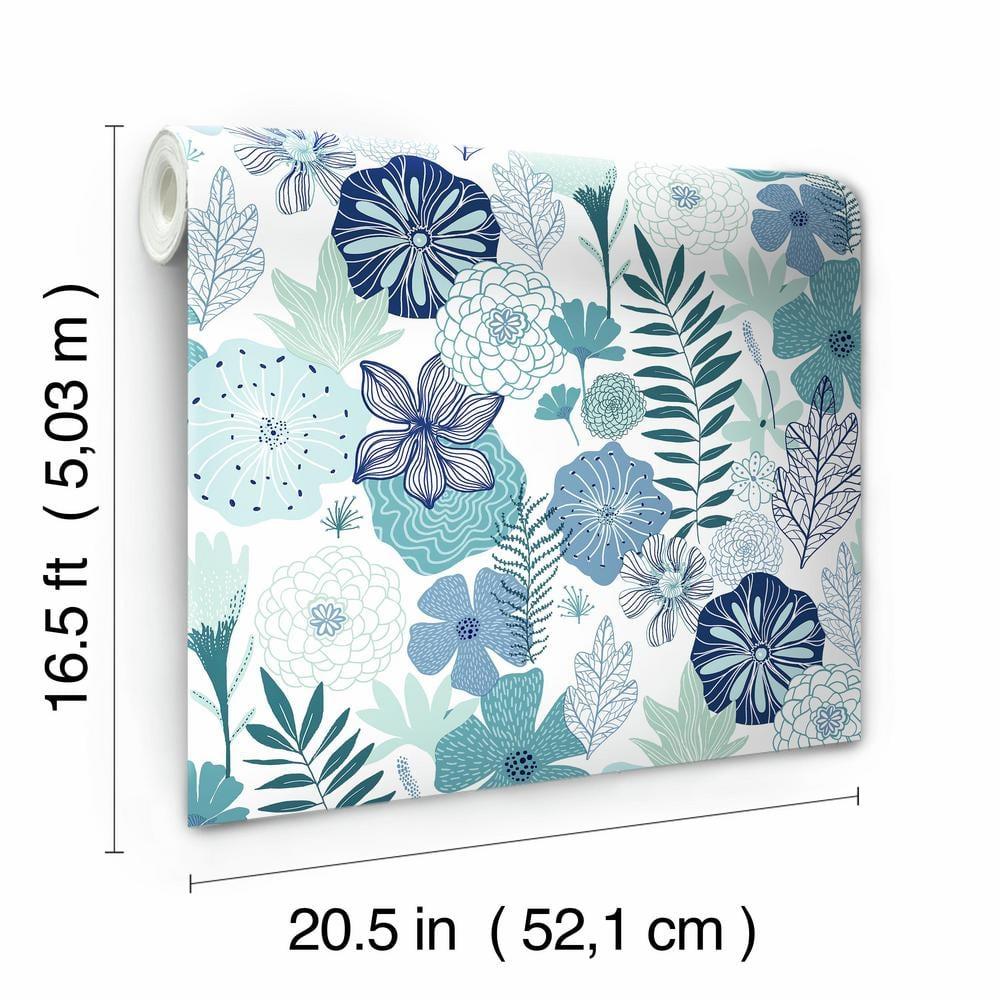 RoomMates Blooms Peel and Stick Wallpaper: Self-Adhesive Vinyl, Modern Floral, Repositionable, 28 Sq Ft Coverage, Blue