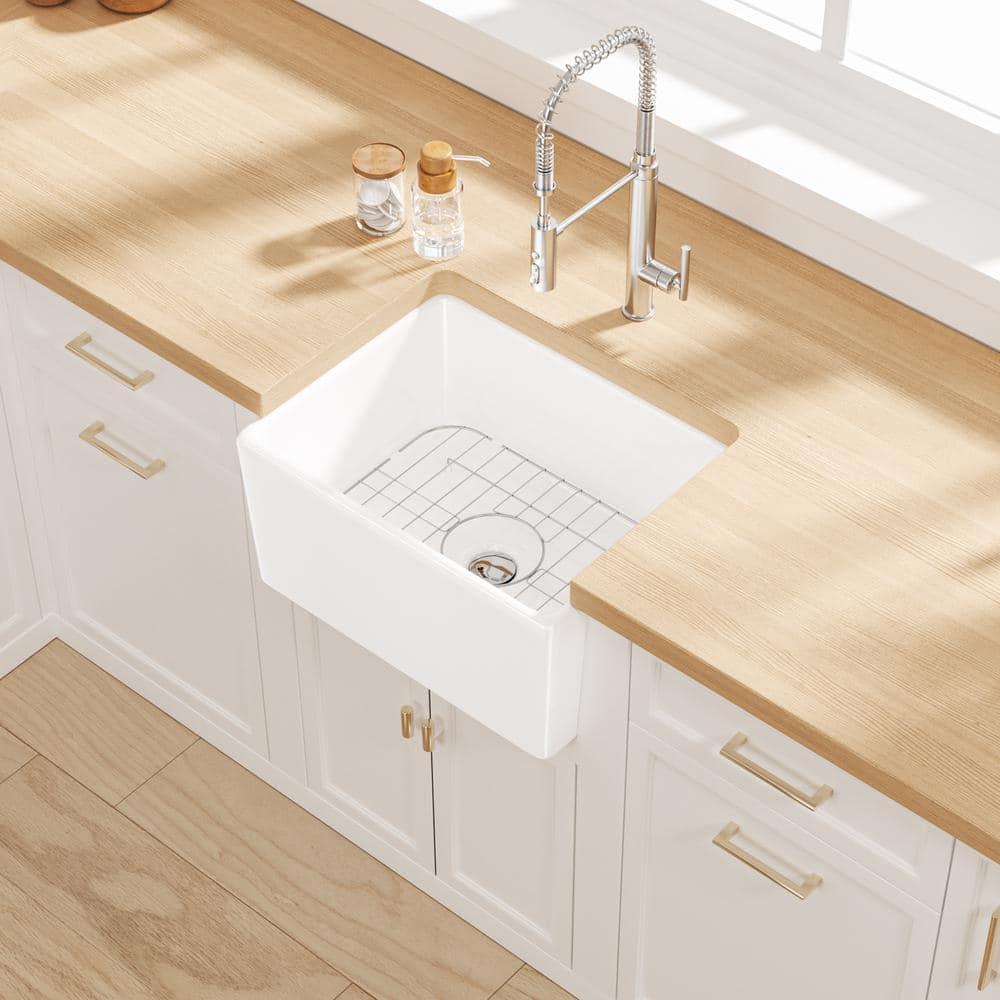 Denbigh 21" L x 16" W Farmhouse Apron-Front Kitchen Sink with Sink Grid and Pop-Up Drain, Laundry Sink