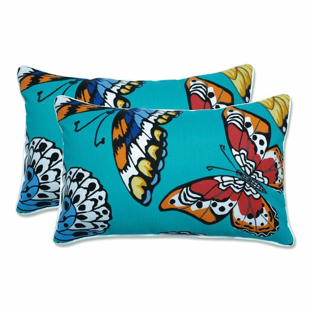 Butterfly Garden Teal Lumbar Pillow Set - Fade-Resistant Polyester