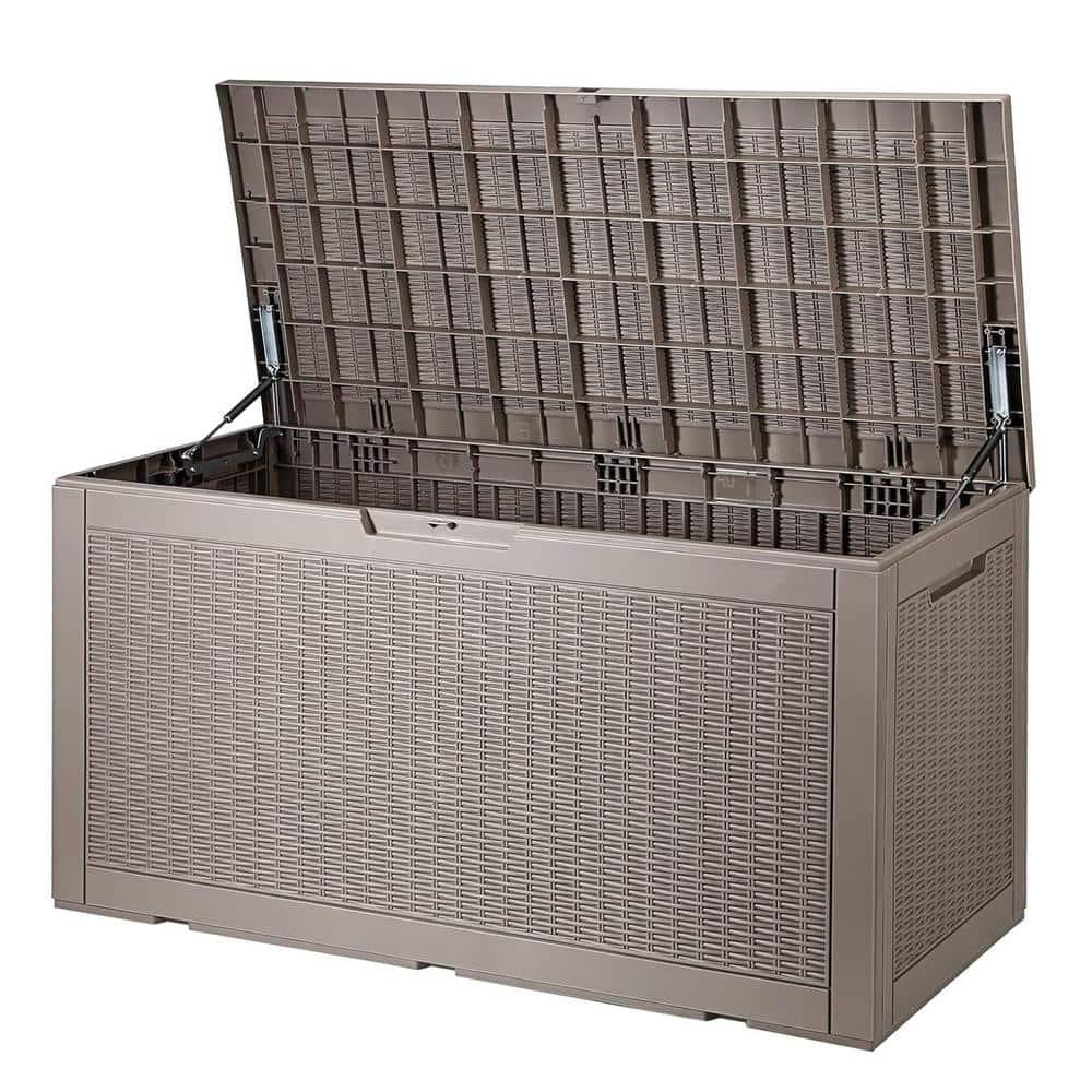 Sunnydaze Outdoor Deck and Patio Storage Box with Rattan Design - 100 Gal. - Driftwood