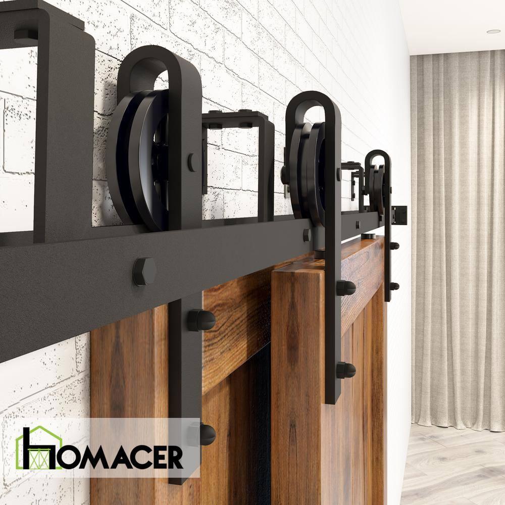 Homacer Black Rustic Double Track U-Shape Bypass Sliding Barn Door Hardware Kit, for Two/Double Doors, 12ft Long Flat Track, Spoke Wheel Design Roller, Heavy Duty, for Interior & Exterior Use