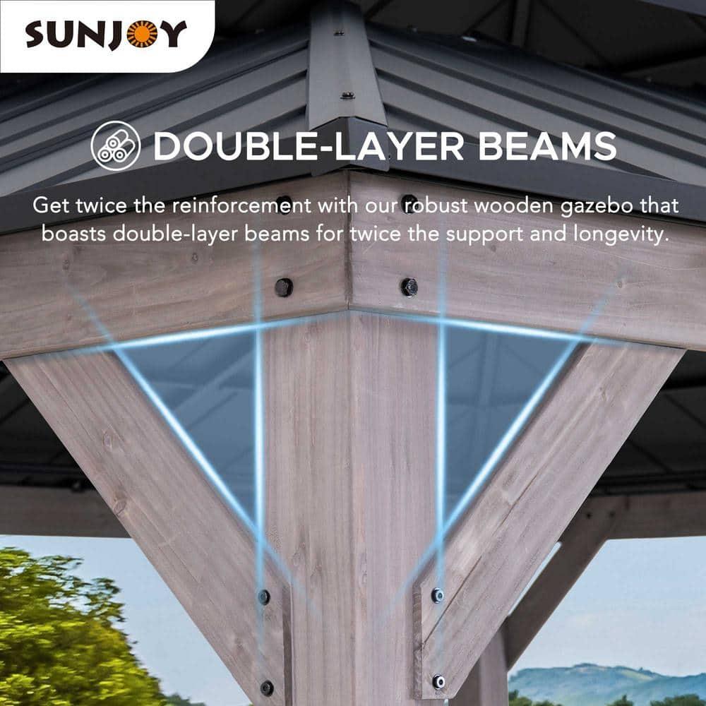 Sunjoy Sunjoy 13 x 15 ft. Wood Gazebo, Outdoor Patio Steel Hardtop Gazebo, Cedar Framed Wooden Gazebo with 2-Tier Metal Roof, Suitable for Patios, Lawn and Backyard