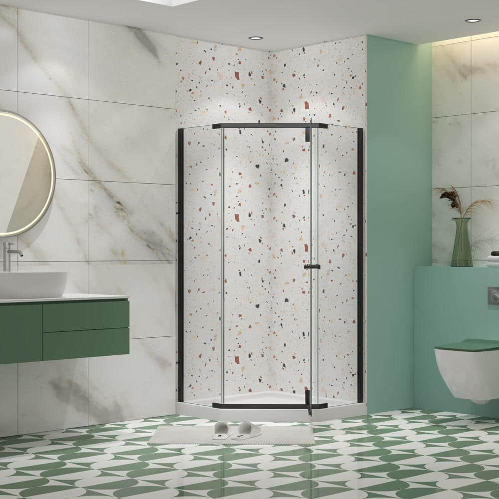 34.75" Wx72 H Neo-Angle Frameless Shower Door,Corner Shower Enclosure 304 Stainless Steel Handle,Pivot Shower Door with 1/4 in(6mm) Thick Tempered Clear Glass（Shower Base Not Included Black