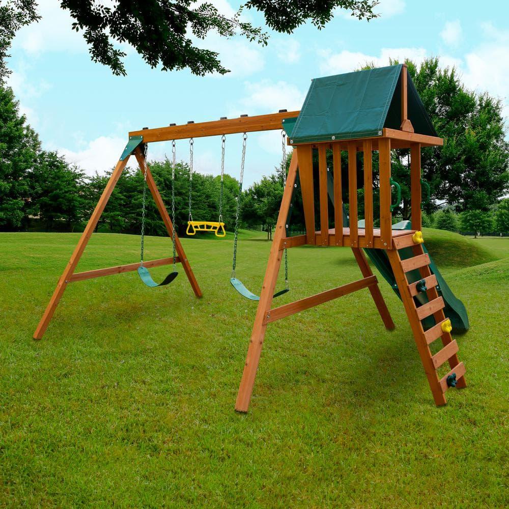 Swing-N-Slide Ranger Plus Wooden Backyard Swing Set with Slide, Climbing Wall and Swings, Swing Set for Backyards