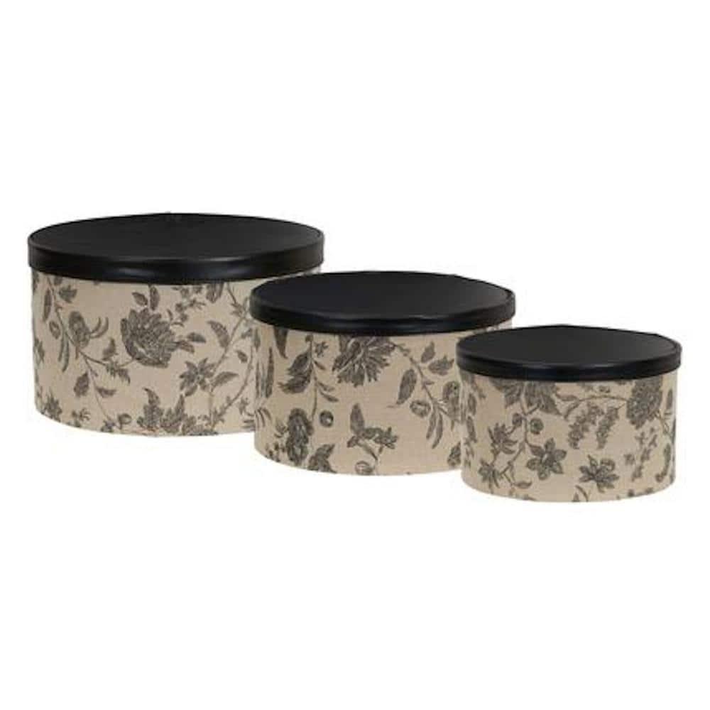 Round Hat Boxes with Lids, Detailed Floral Print with Faux Leather Lids, Large, Medium and Small, Black and Tan
