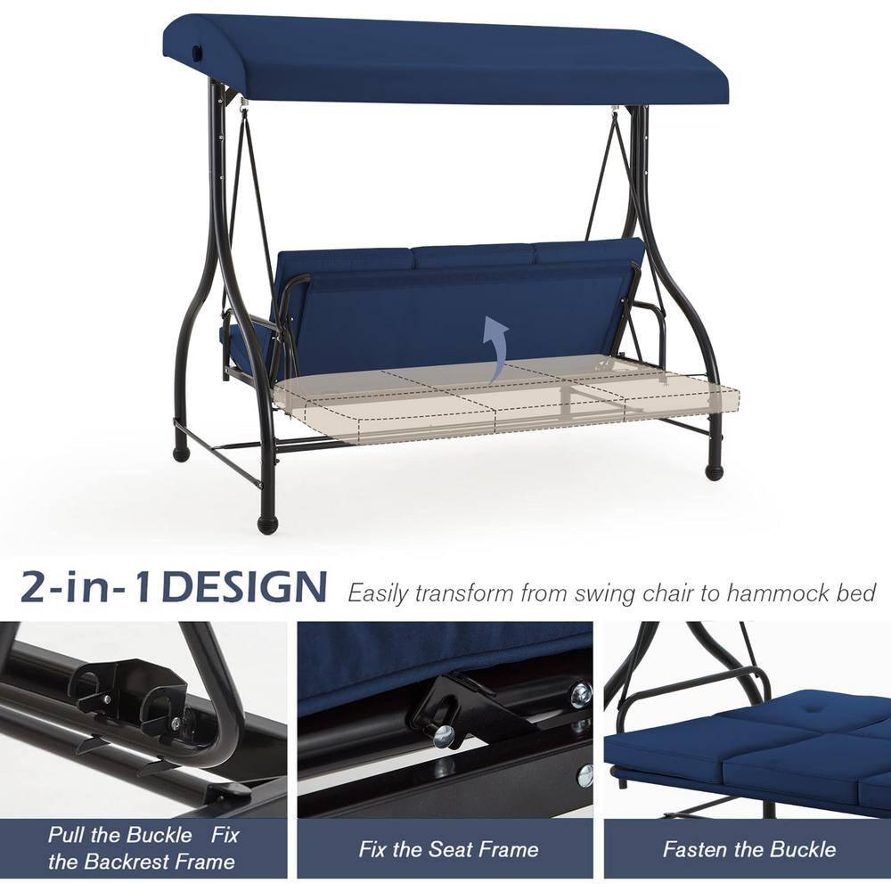 GARTOOO 3-Seat Outdoor Large Porch Swing with Converting Canopy,Patio Hammock Lounge Swing Chair,Adjustable Shade & Removable Cushions