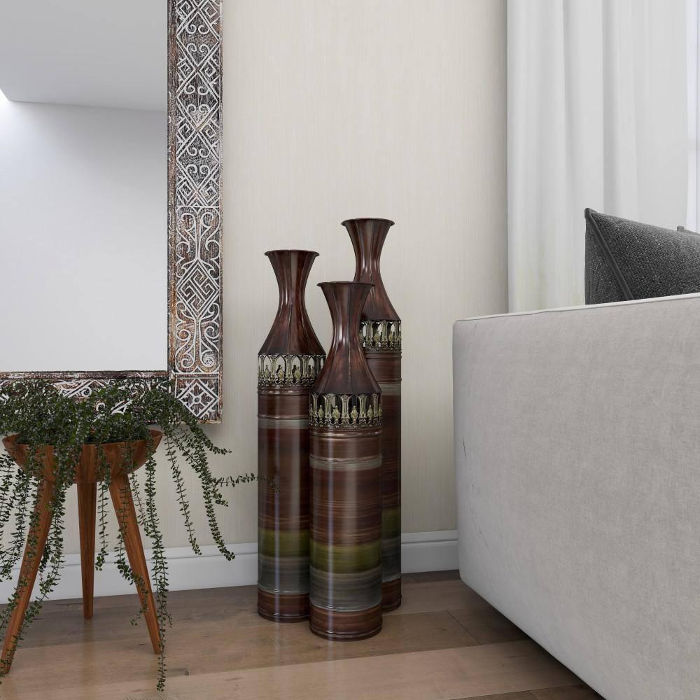 DecMode 34", 31", 28"H Tall Ombre Bronze Metal Vase with Laser Cut Antefix Design, Set of 3