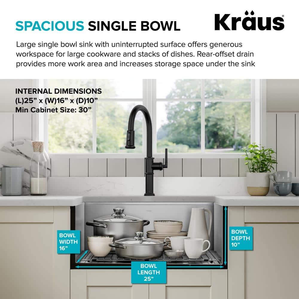KRAUS Kore™ 27" L Farmhouse Apron Front Workstation 16 Gauge Stainless Steel Single Bowl Kitchen Sink with Accessories