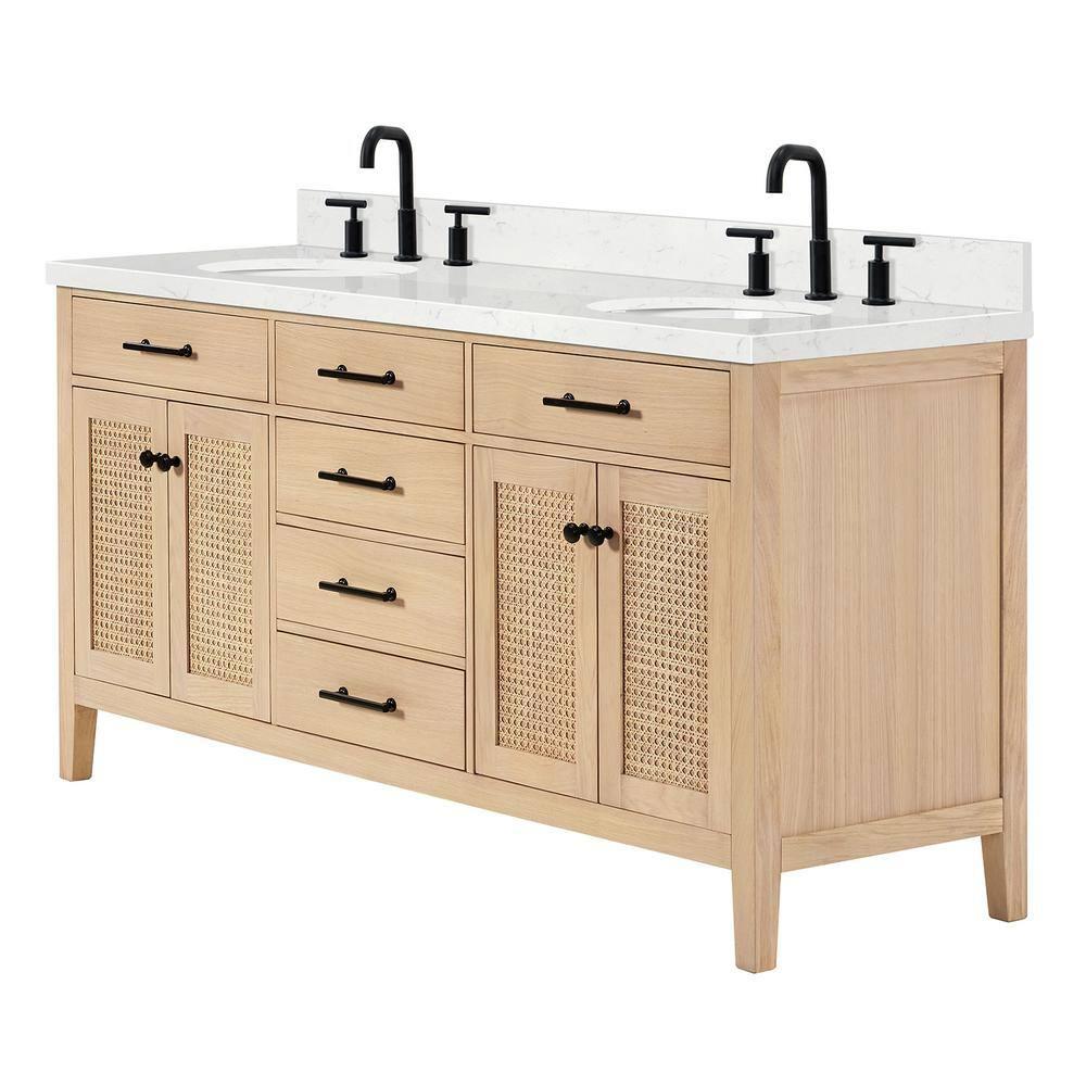 Camila 72 in. W x 22 in. D x 36 in. H Double Oval Sink Bath Vanity in White Oak with Carrara White Quartz Top
