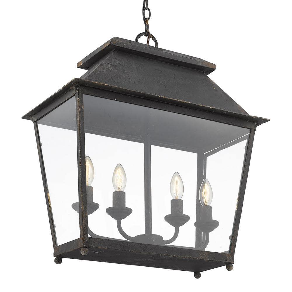 Golden Lighting Abingdon 4-Light Pendant in Antique Black Iron with Clear Glass