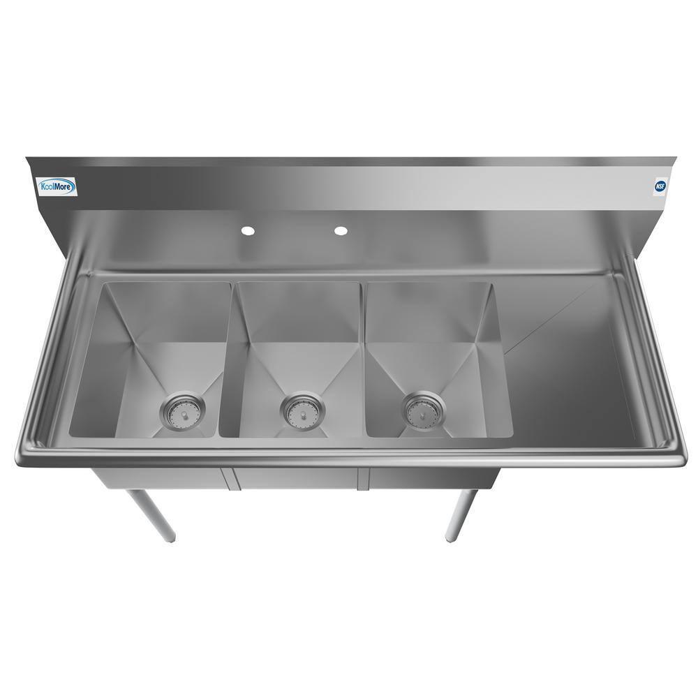 KoolMore 51 in. Three Compartment Stainless Steel Commercial Sink with Drainboard, Bowl Size 12"x 16"x 10"