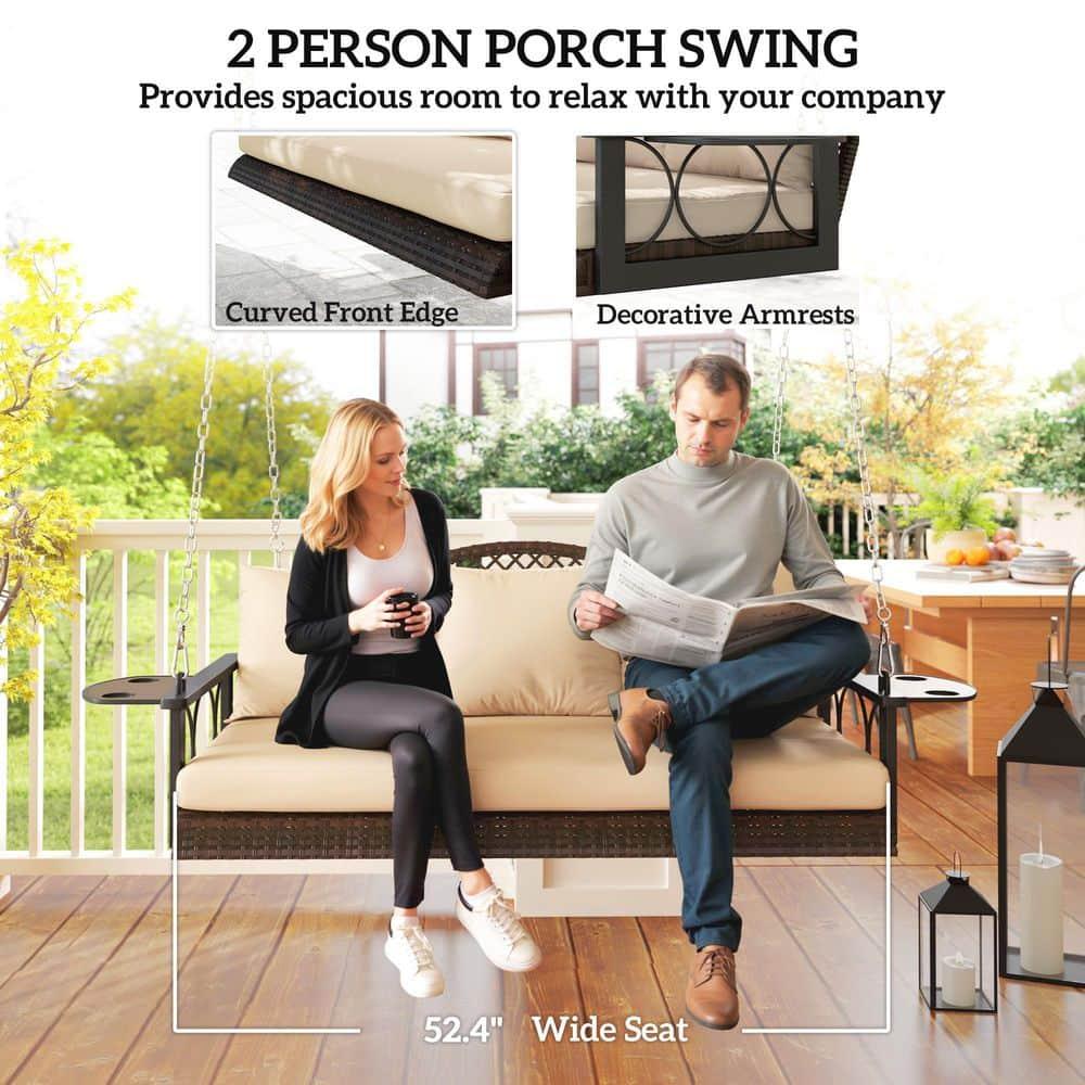 Outsunny 3 Person Outdoor Hanging Wicker Porch Swing Bench with Cup Holders, Cushions, and Chains, 800 LBS Capacity for Garden Backyard, Brown