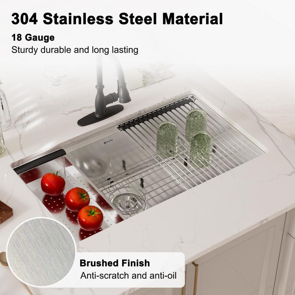 32 in. Undermount Single Bowl 18-Gauge Stainless Steel Kitchen Sink with Cutting Board, Rolling Drying Rack and Colander
