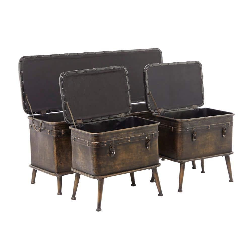 DecMode Metal Storage Bench with Tufted Faux Leather, Brown, Set of 3