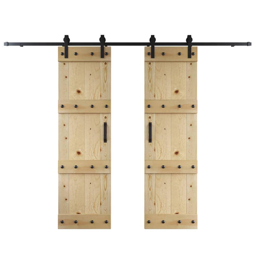 Castle Series Pine Wood Double Sliding Barn Door with Hardware Kit