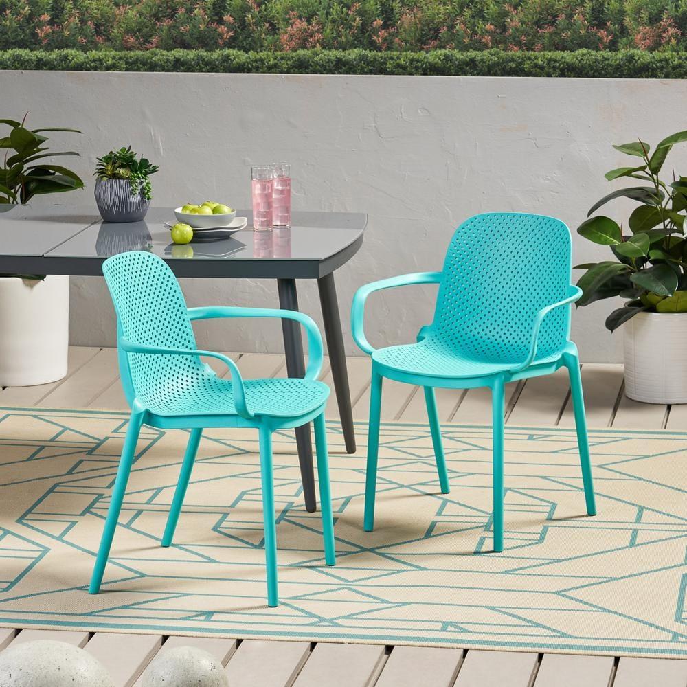 Noble House Gardenia Plastic Stacking Patio Dining Arm Chair in Teal (Set of 2)
