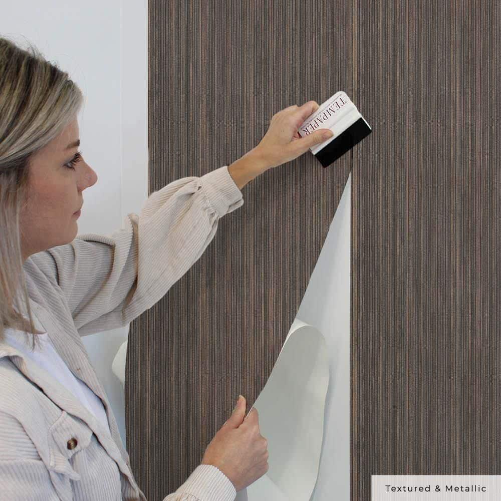 Tempaper & Co. 28 sq ft Faux Grasscloth Removable Peel and Stick Wallpaper Textured Bronze : Vinyl, Self-Adhesive, Thin Stripe Pattern