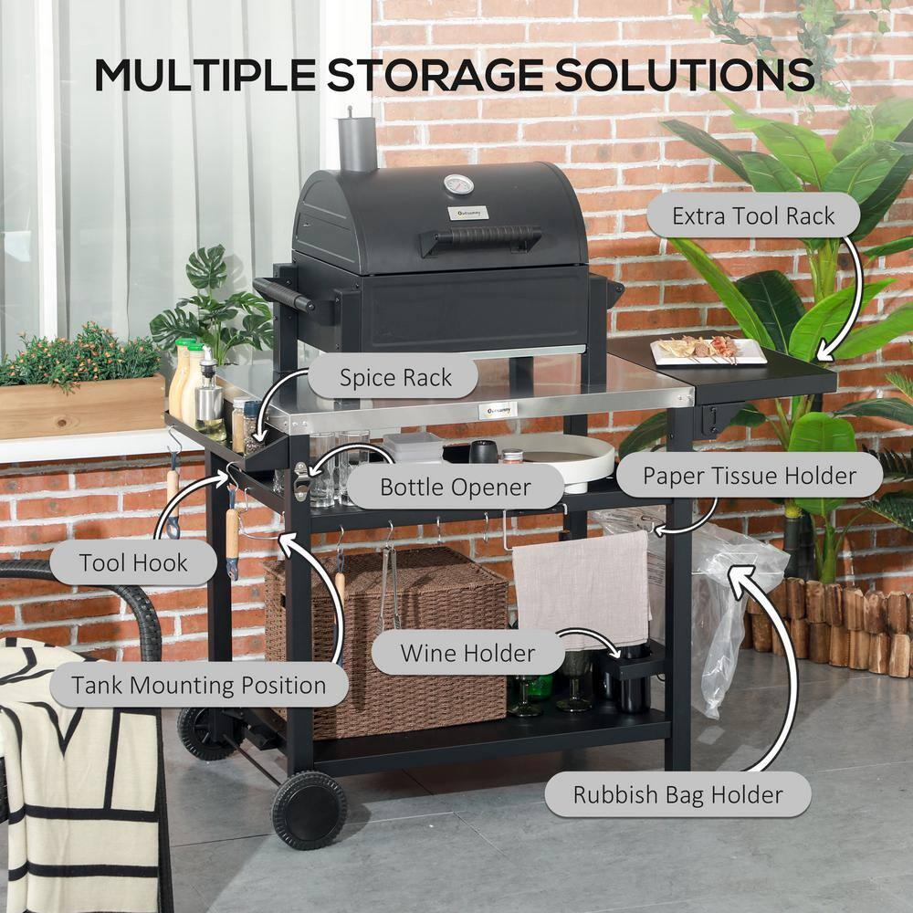 Outdoor Grill Cart with Foldable Side Table, 46" x 21.75" Multifunctional Stainless Steel Pizza Oven Stand with Three-Shelf, Movable Food Prep Table on Wheels, Black