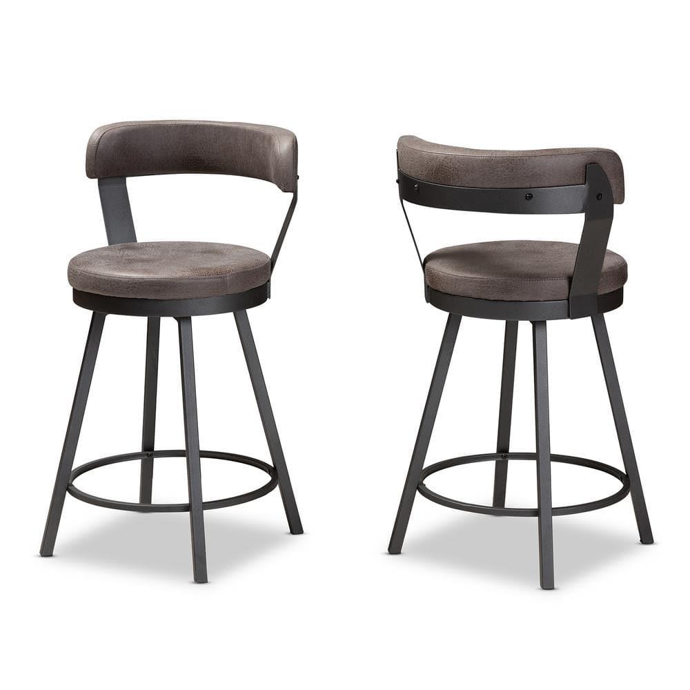 Set of 2 Arcene Faux Leather Upholstered Pub Counter Height Barstools Gray/Black - Baxton Studio: Polyester, Metal Frame, Curved Back