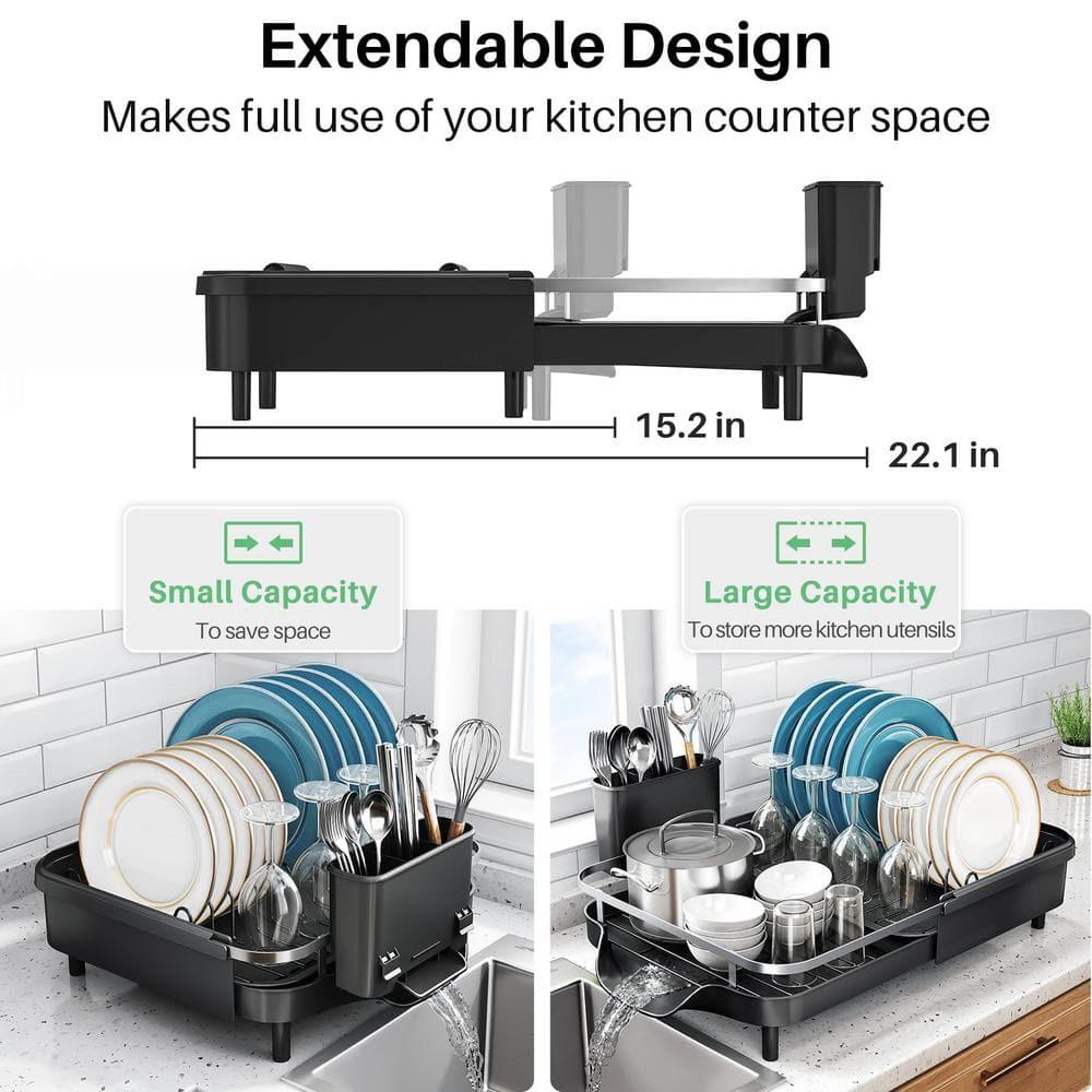 Fabhob Expandable Dish Rack for Kitchen Counter, Stainless Steel Dish Drainer with Drainboard Set and Utensil Holder