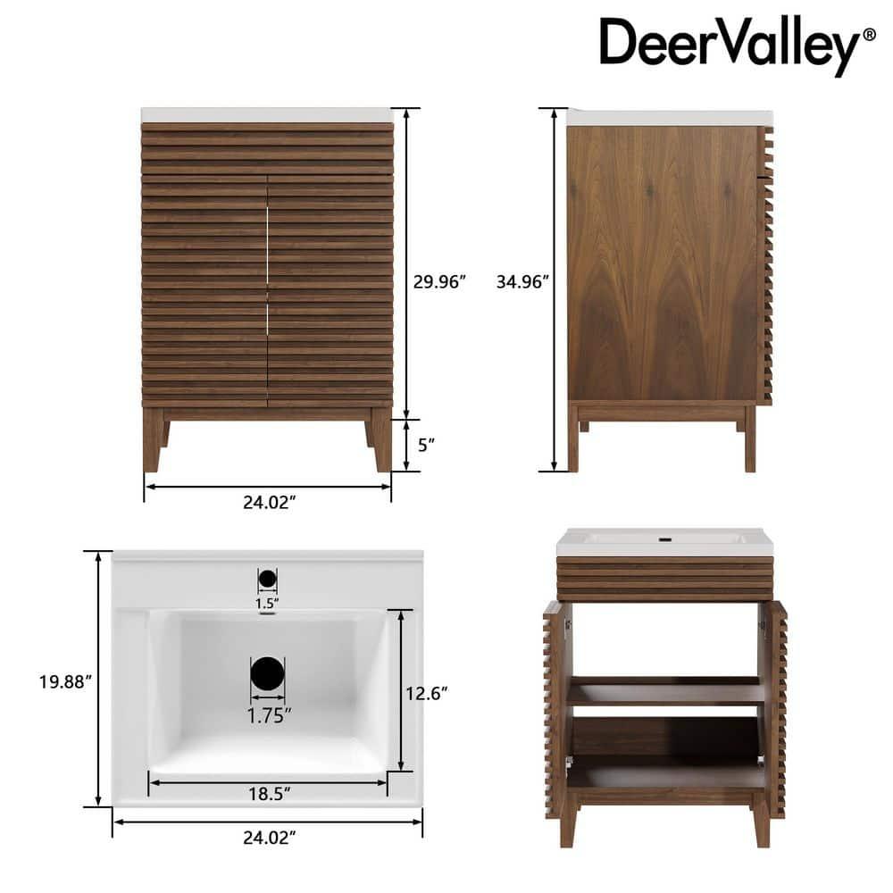 DeerValley  Cove 24" Bathroom Vanity with Ceramic Sink Top, Fully Assembled Mid-Century Wood Bathroom Cabinet Walnut & Reviews | Wayfair
