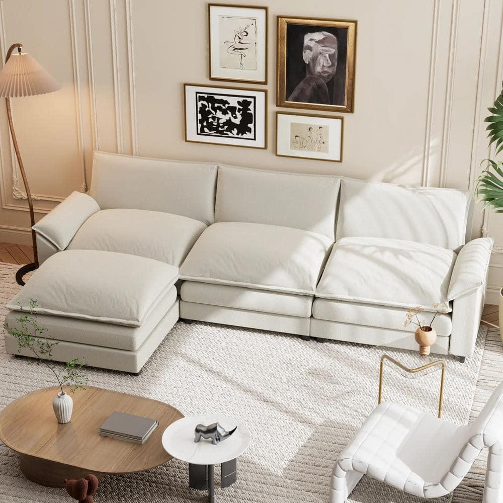 LACOO 118 in. Chenille L-Shaped Modular Sectional Sofa with Ottoman - Off White