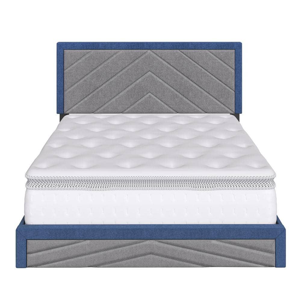 Barcelona Diagonal King Linen Upholstered Platform Bed, Blue and Gray