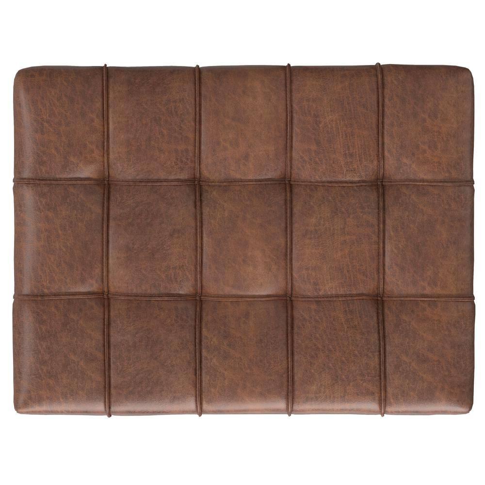 Simpli Home Mariah 34 inch Wide Contemporary Rectangle Coffee Table Storage Ottoman in Distressed Saddle Brown Vegan Faux Leather