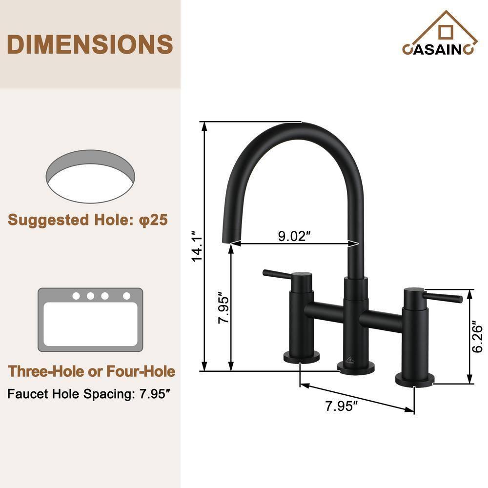 Double Handle Bridge Kitchen Faucet with Side Sprayer in Matte Black