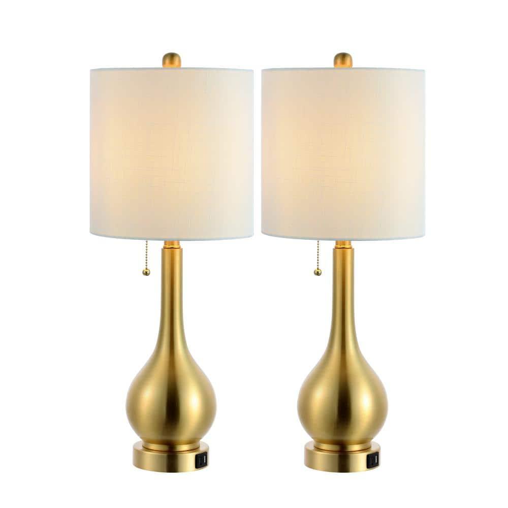 JONATHAN Y JYL1127C-SET2 Tyler 24" Modern Classic Gourd Iron LED Table Lamp with Pull-Chain with Dual USB Charging Port, for living room, dinning room Bulb Included, Brass Gold (Set of 2)