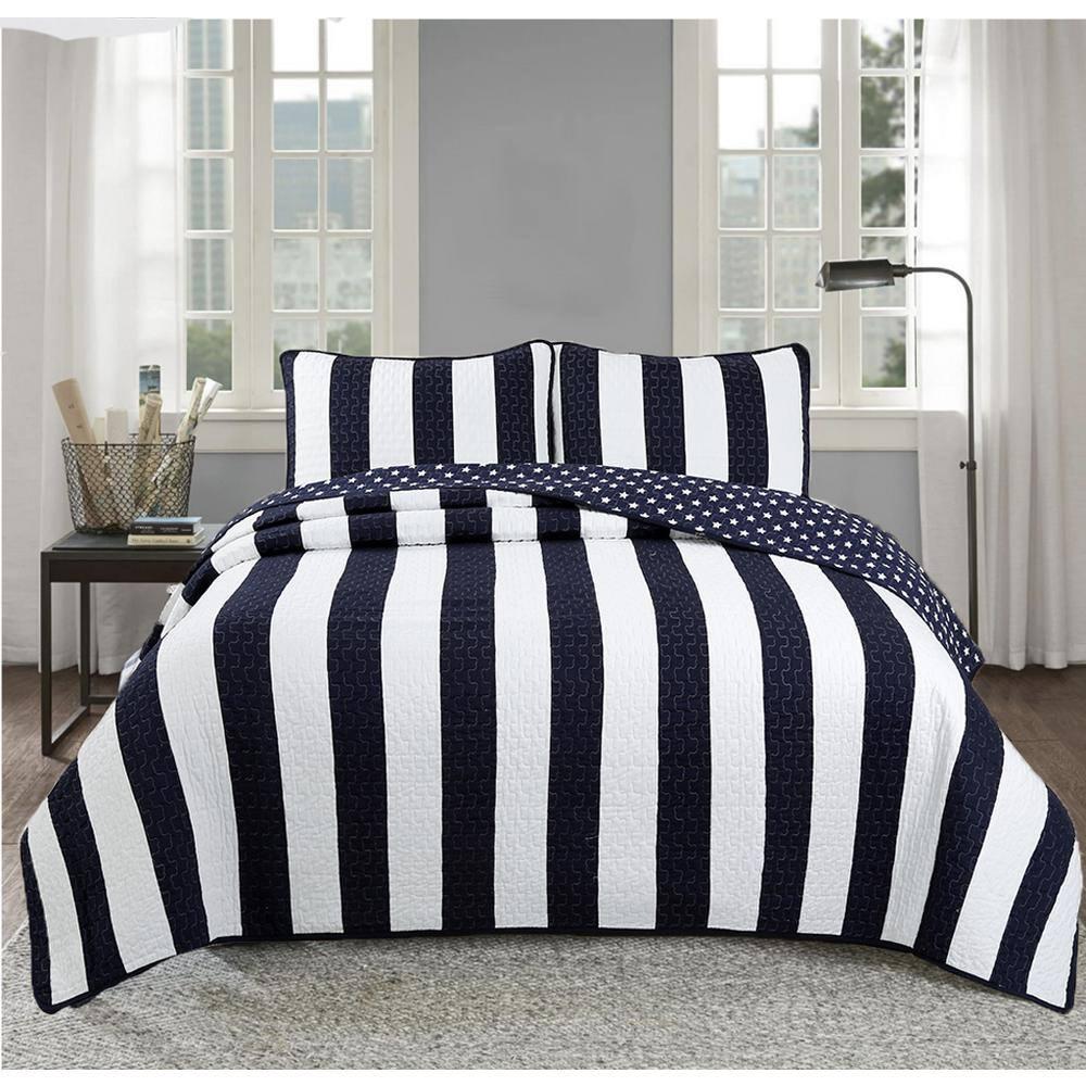 Navy Blue and White Striped Microfiber King Quilt Set
