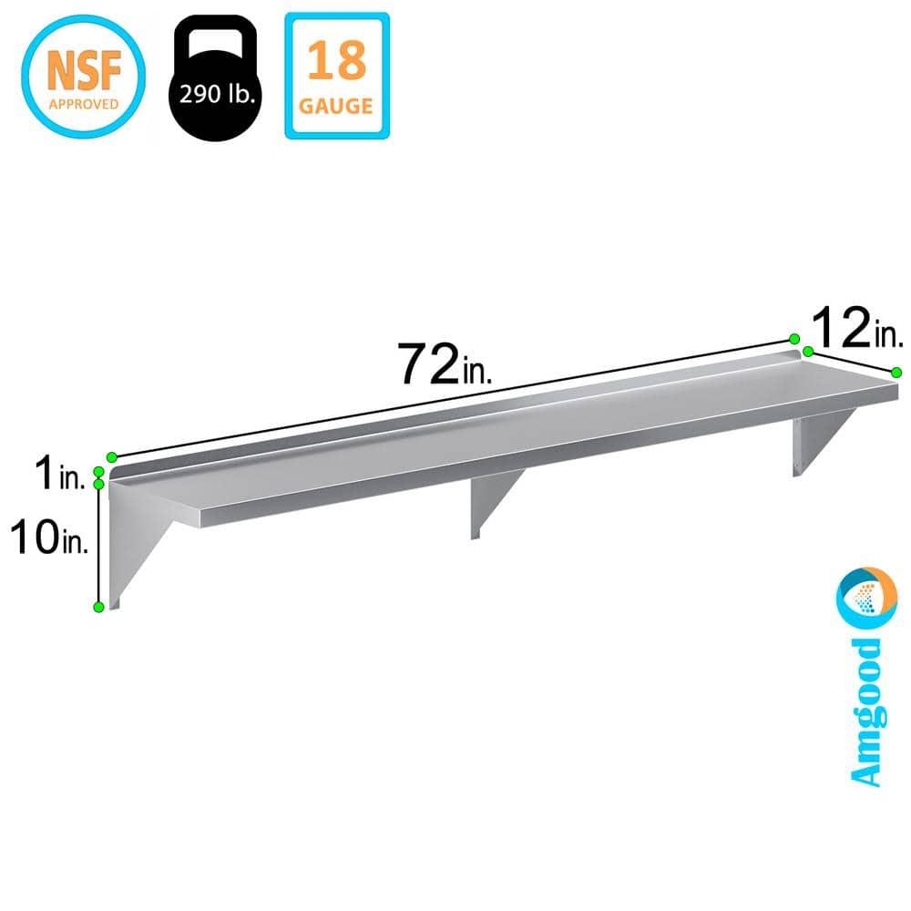 AmGood 12 in. x 72 in. Stainless Steel Wall Shelf | NSF Certified | Appliance & Equipment Metal Shelving | Kitchen, Restaurant, Garage, Laundry, Utility Room