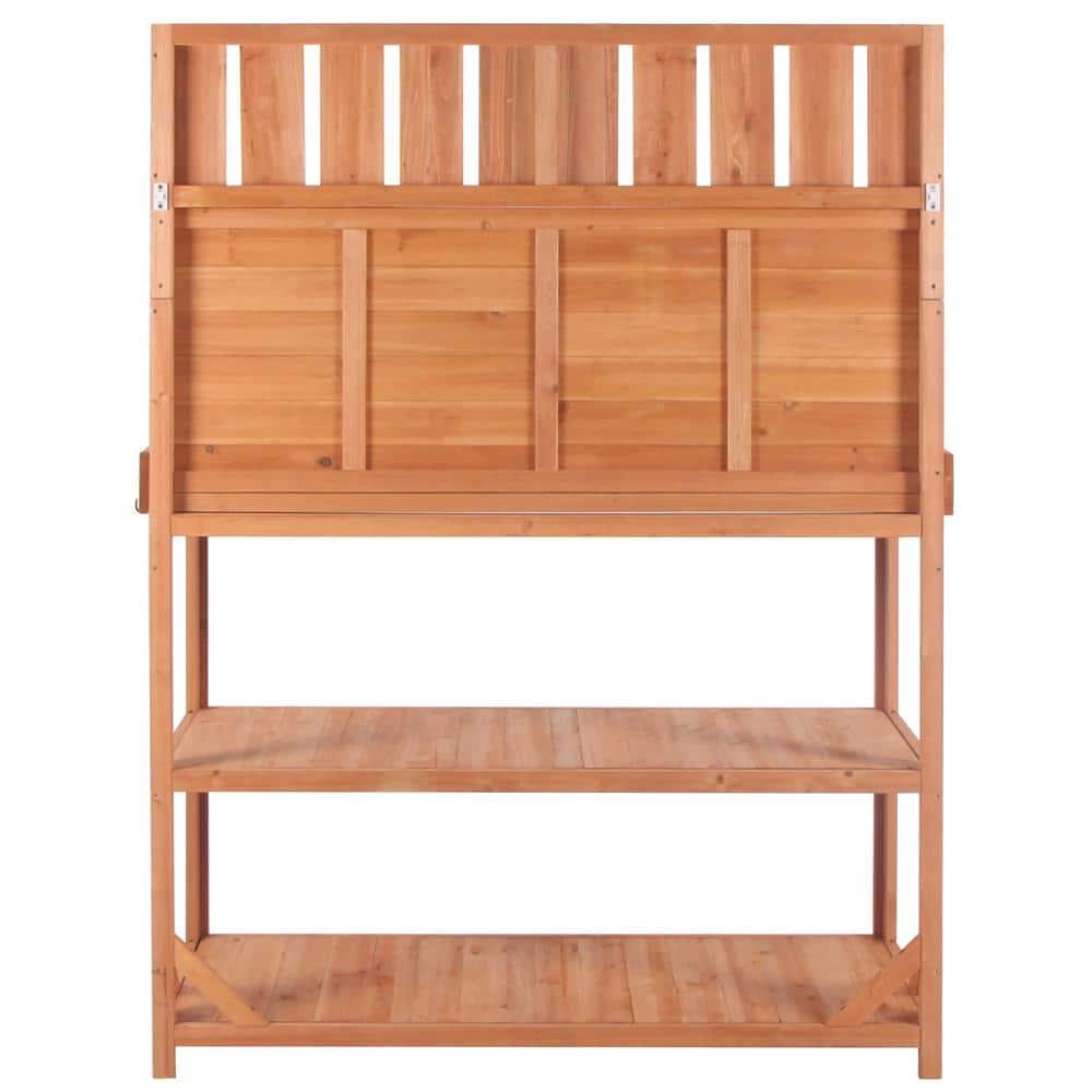 Wooden Potting Bench, 65" Large Wooden Farmhouse Rustic Outdoor Potting Bench Table, Patio Workstation, Garden Potting Bench with 4 Storage Shelves, Splash Plate & 3 Side Hooks, Natural