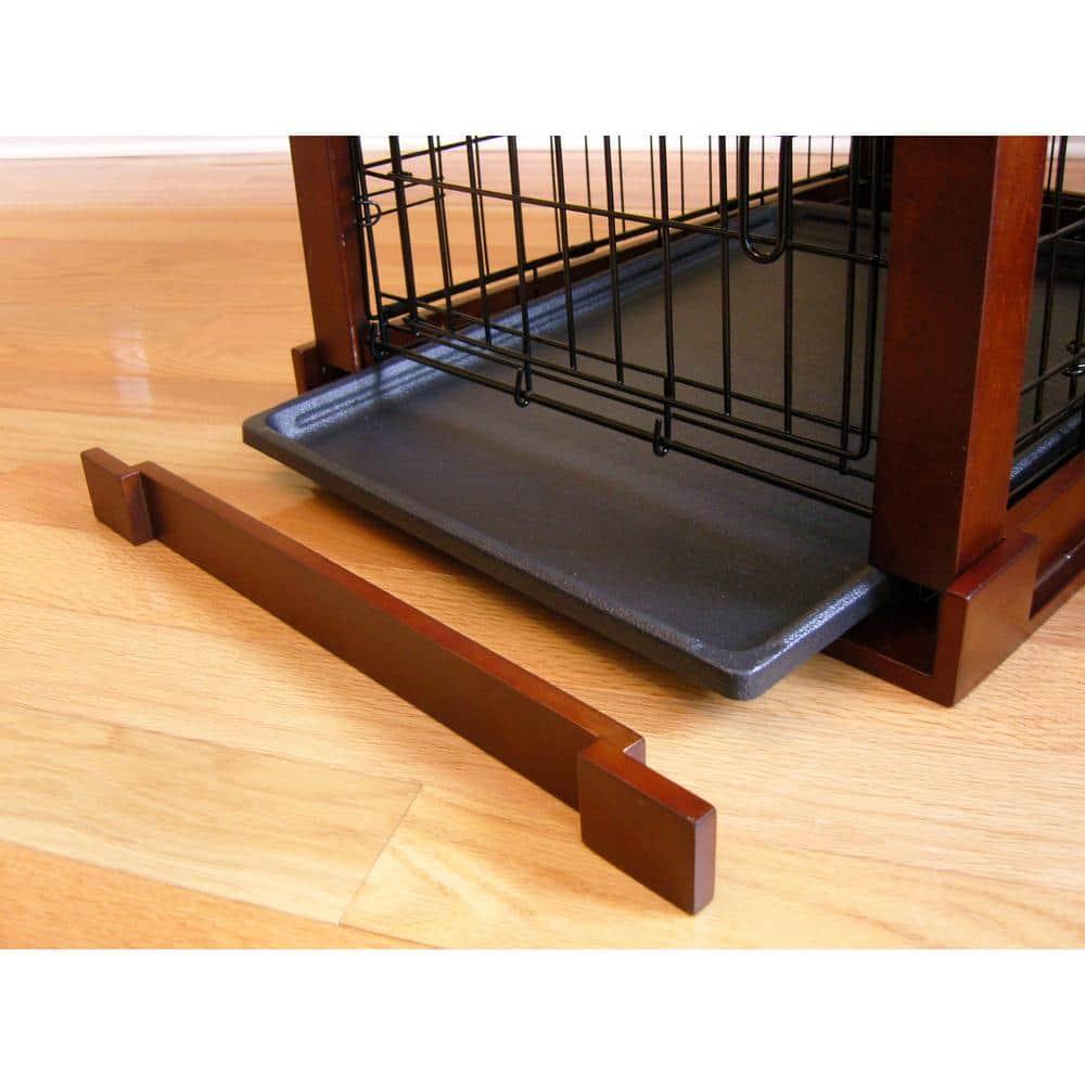Merry Products 2 Door Decorative Pet Kennel with Wooden Protection Cover, Divider Insert, and Removable Tray End or Side Table, Large, Brown