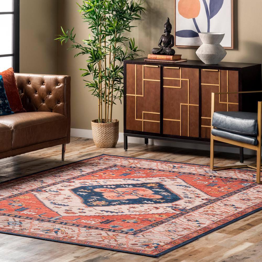 Nuloom Carolyn Pet Friendly Machine Washable Motif Area Rug, Round 6', Rust
