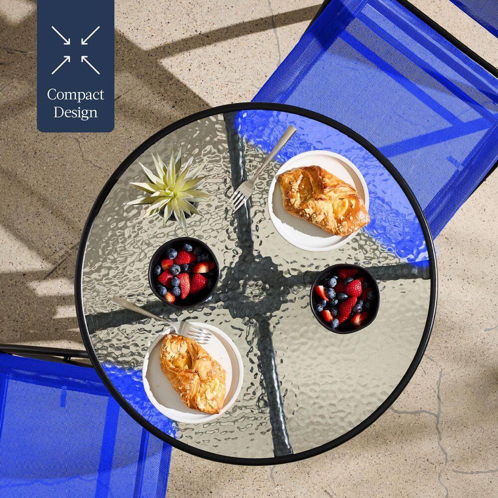 George Oliver 3-Piece Patio Bistro Dining Furniture Set W/ Glass Tabletop, Folding Chairs