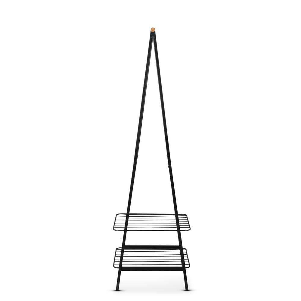 Black Steel and Bamboo Freestanding Garment Rack with Adjustable Shelves
