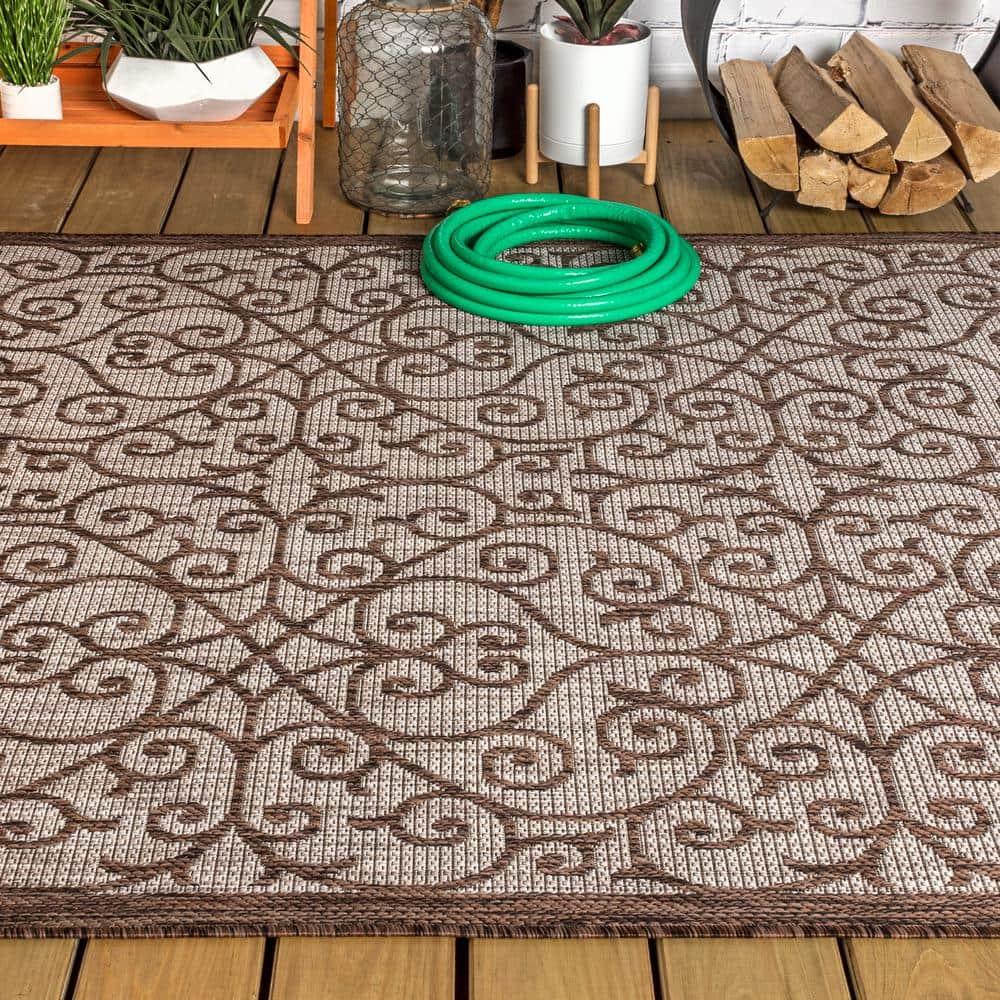 3'x5' Madrid Vintage Filigree Textured Weave Indoor/Outdoor Area Rug, Taupe/Espresso - JONATHAN Y