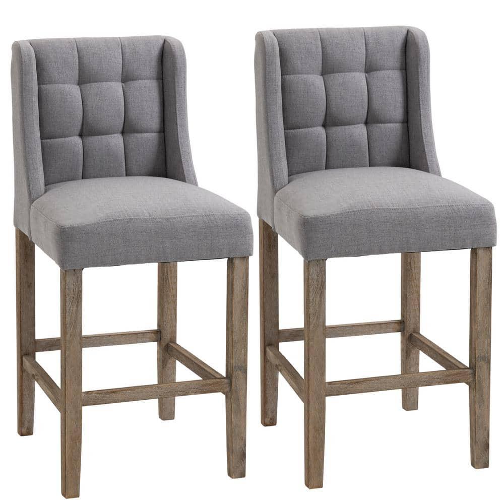 HOMCOM Counter Height Bar Stools, Tufted Upholstered Barstools, Pub Chairs with Back, Rubber Wood Legs for Kitchen, Dinning Room, Set of 2, Gray