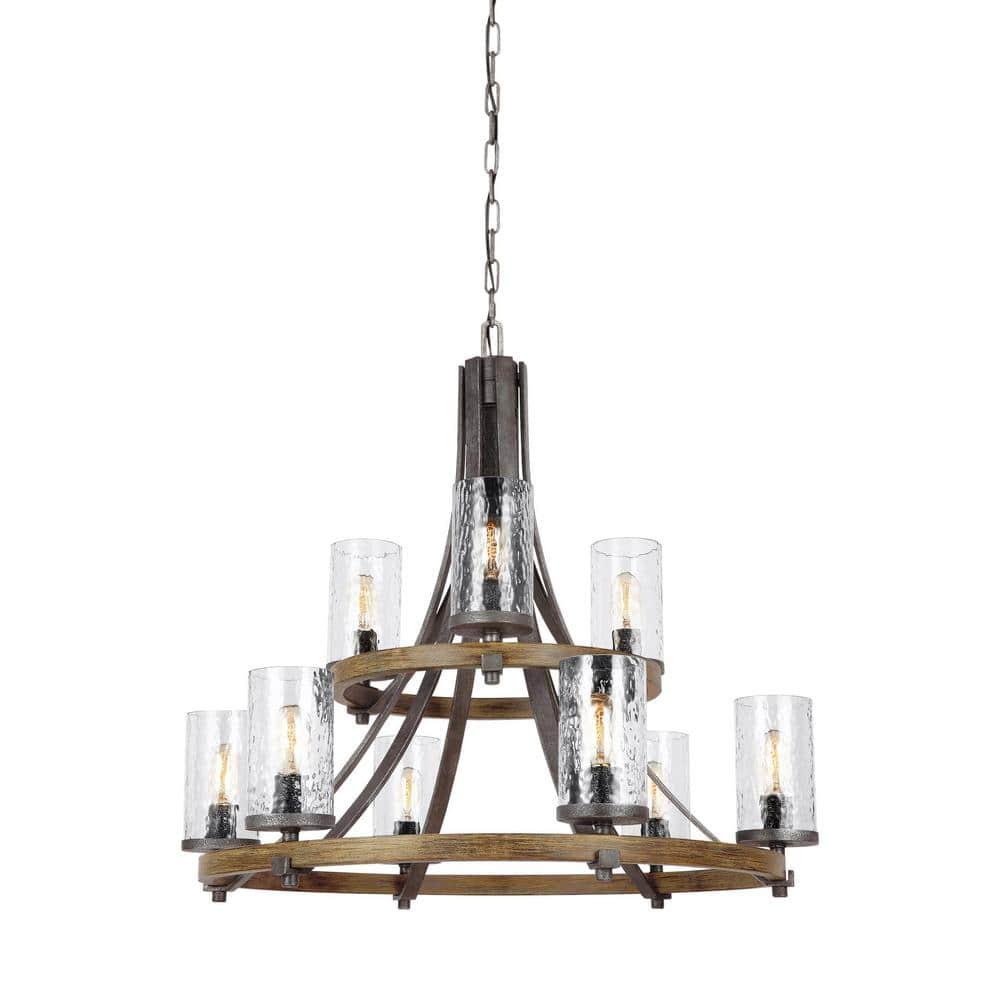 Distressed Weathered Oak and Slate Grey 9-Light Chandelier