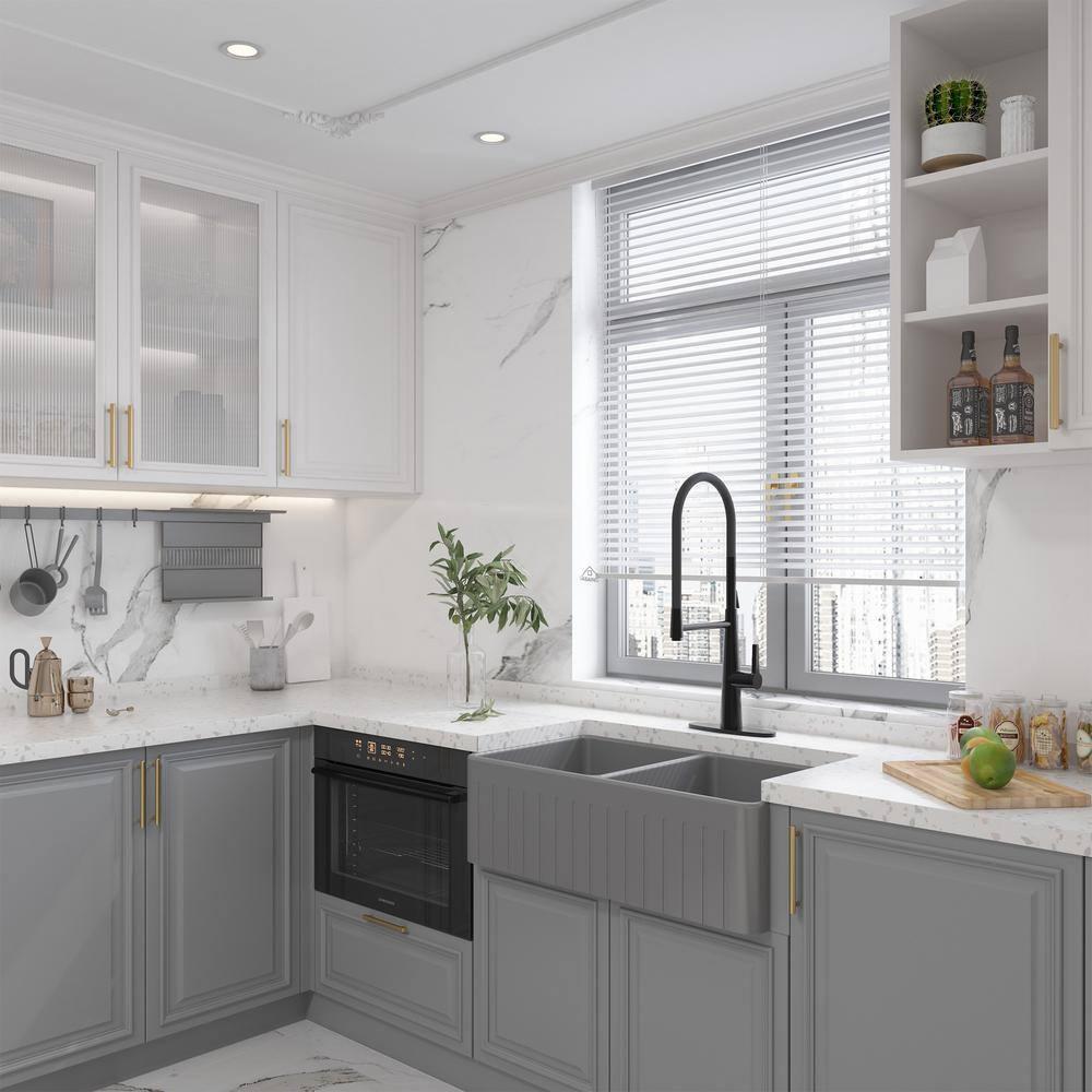 33-Inch Striped Farmhouse Reversible Apron Front Fireclay Double Bowl Kitchen Sink with Grid and Drainer，Matte Grey