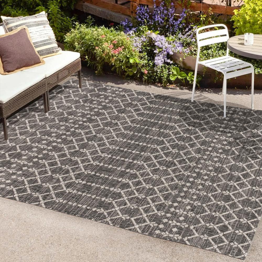 3'x5' Ourika Moroccan Geometric Textured Weave Indoor/Outdoor Area Rug, Black/Gray - JONATHAN Y