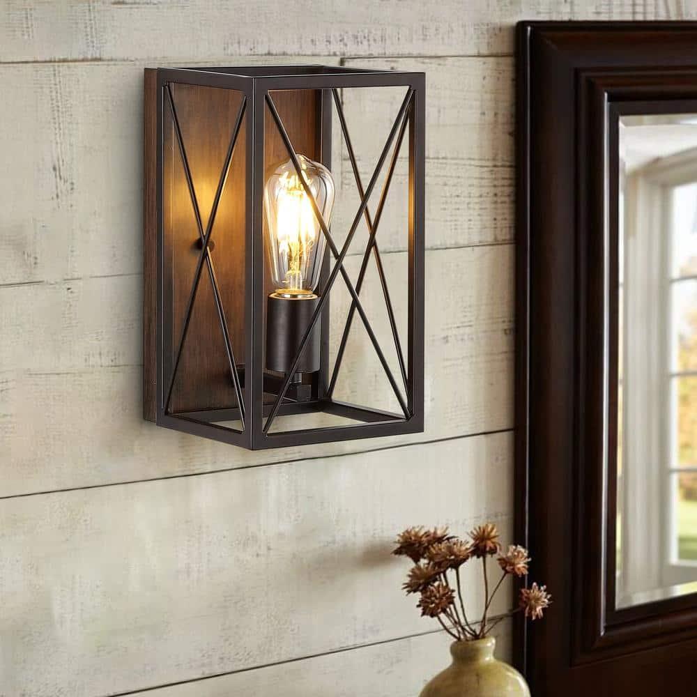 JONATHAN Y Norris X-Frame 6" 1-Light Farmhouse Rustic Iron LED Sconce, Oil Rubbed Bronze/Wood Finish